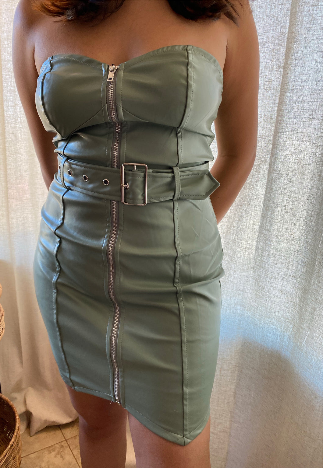Sage faux leather mini dress